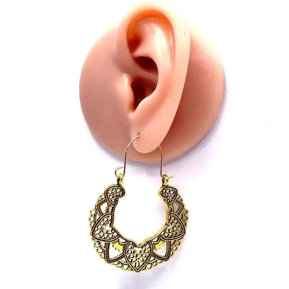 Yellow Gold Detailed Boho Mandala Dangling Drop Hinged Hook Earrings
